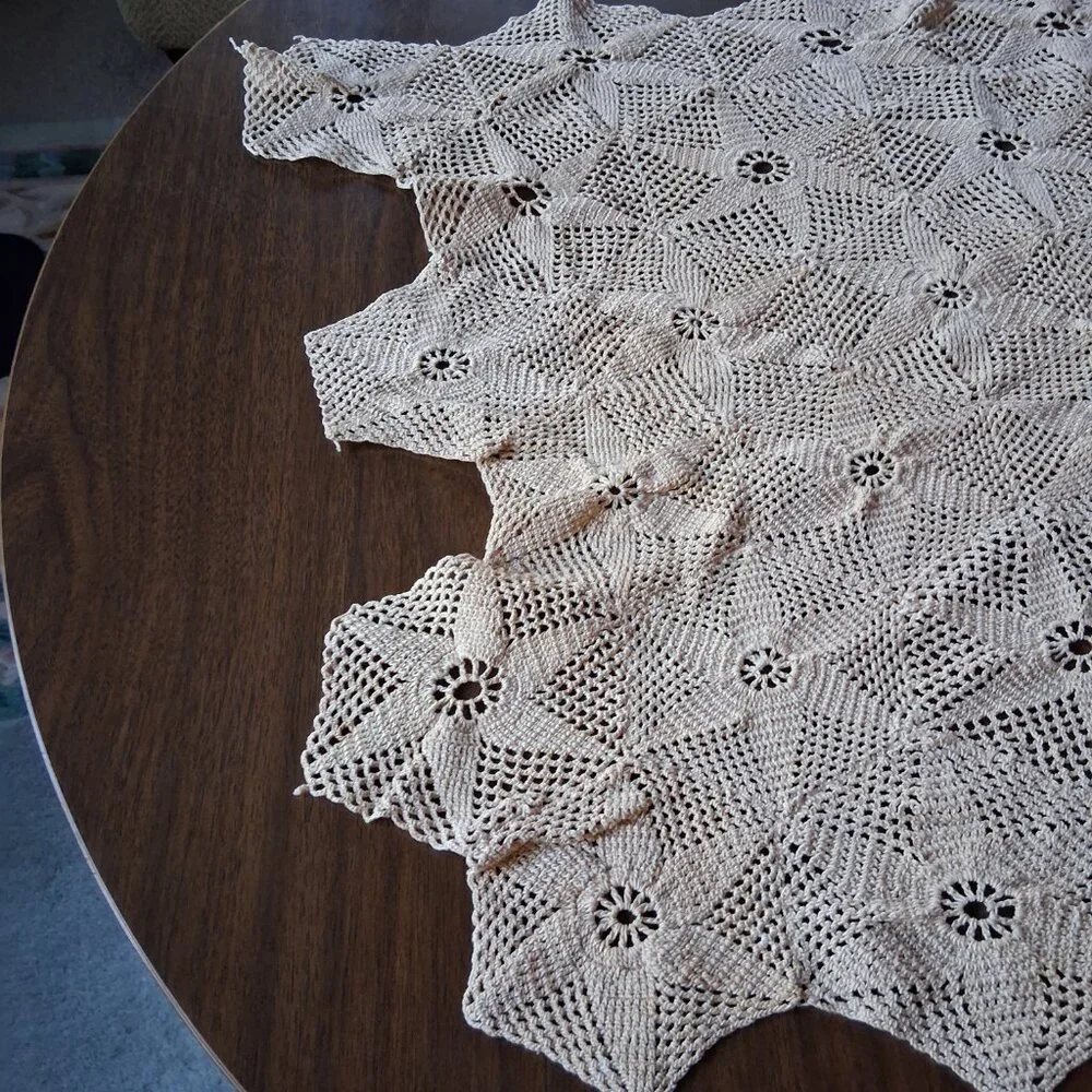 Hand Crocheted Ivory Table Runner • Beige Star Motif • Silk Thread Lace • 64